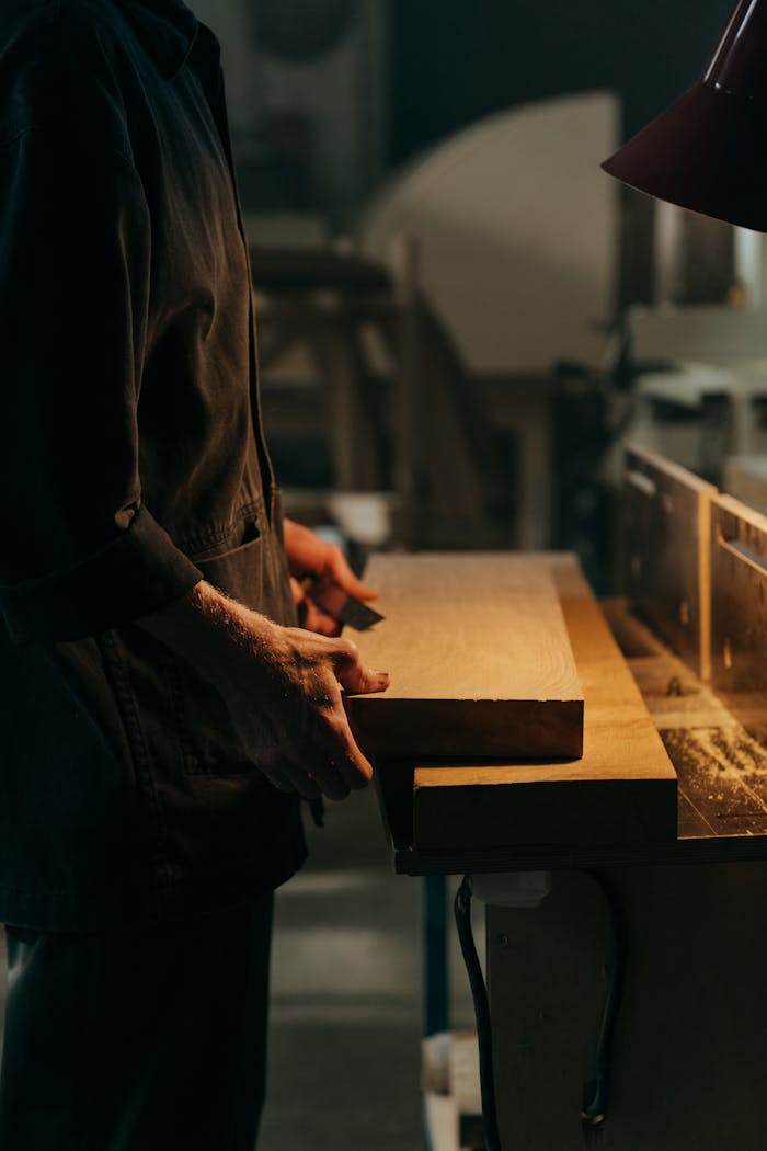 WOODIRE A craftsman working with a wooden plank under focused lighting in a workshop.